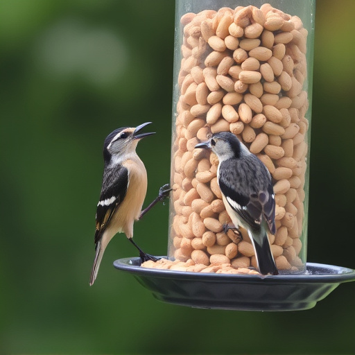 Birds eating peanuts from feeder