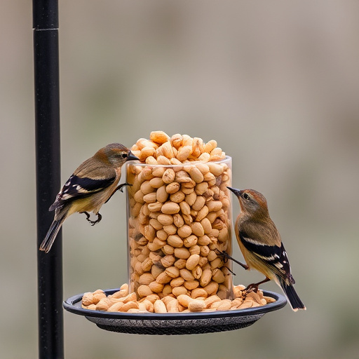 Birds eating peanuts from feeder