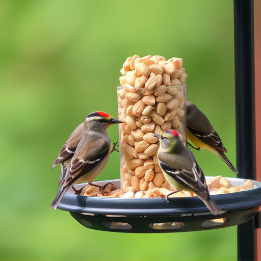 Birds eating peanuts from feeder