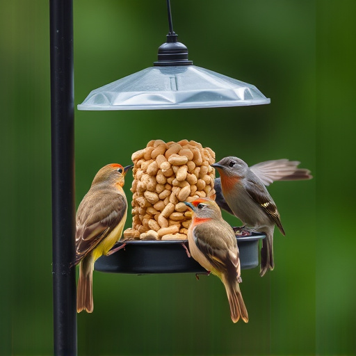 Birds eating peanuts from feeder