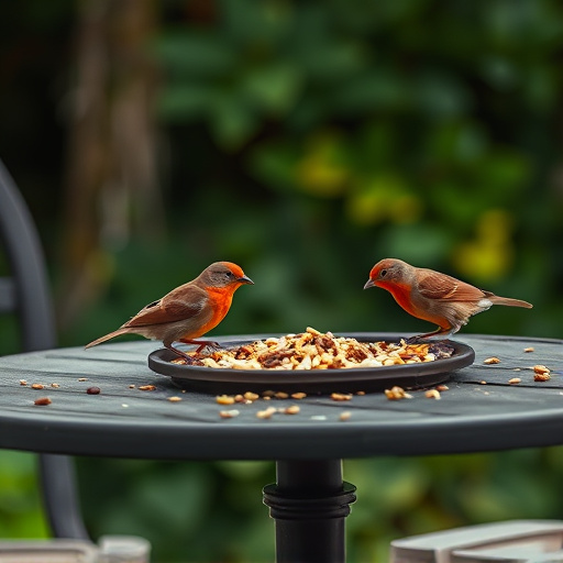 Birds eating seeds from garden table