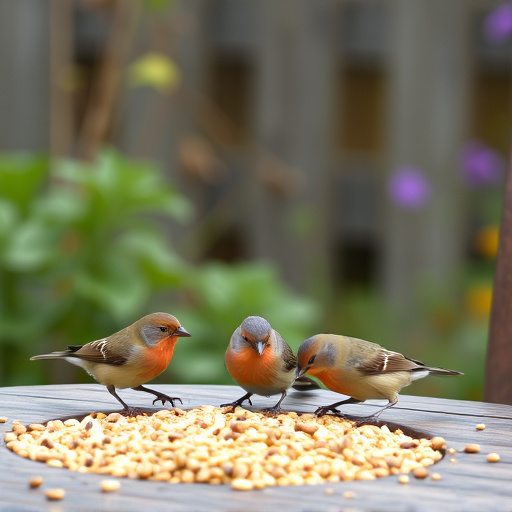 Birds eating seeds from garden table