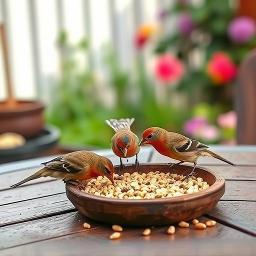 Birds eating seeds from garden table