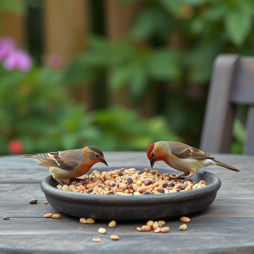 Birds eating seeds from garden table