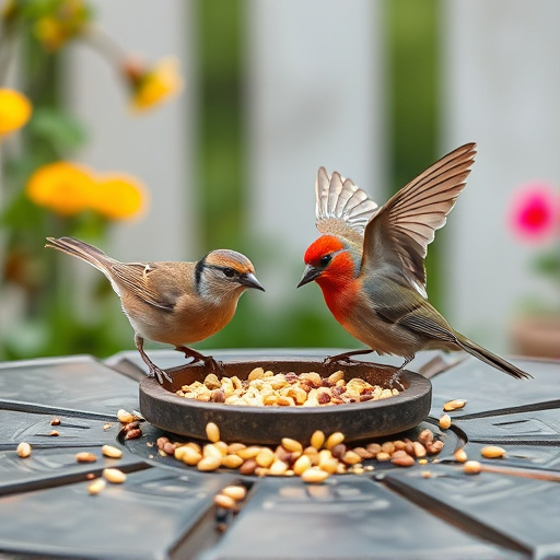Birds eating seeds from garden table
