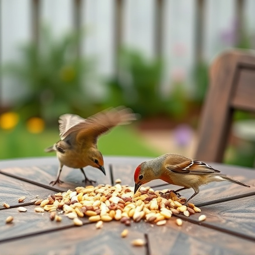 Birds eating seeds from garden table