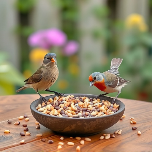 Birds eating seeds from garden table
