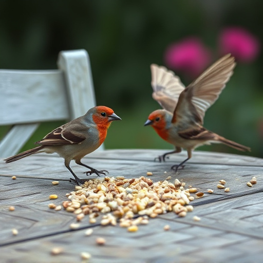 Birds eating seeds from garden table
