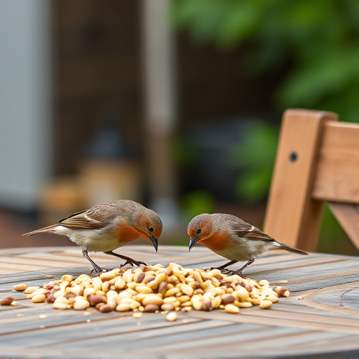 Birds eating seeds from garden table