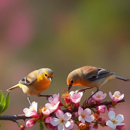 Birds eating soft insects in spring