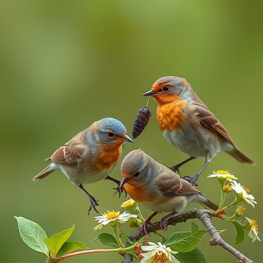 Birds eating soft insects in spring