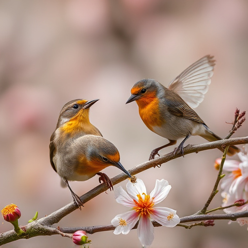 Birds eating soft insects in spring