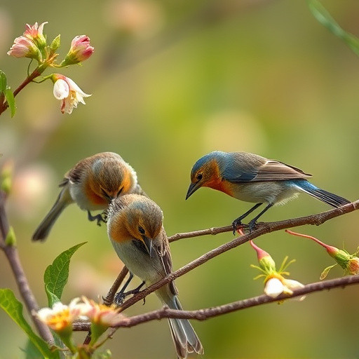Birds eating soft insects in spring