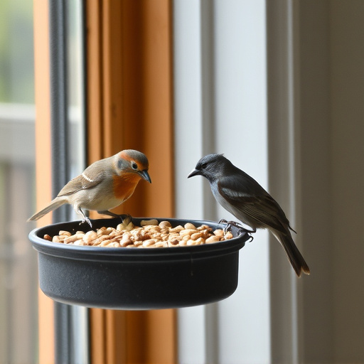 Birds enjoying seeds by window feeder