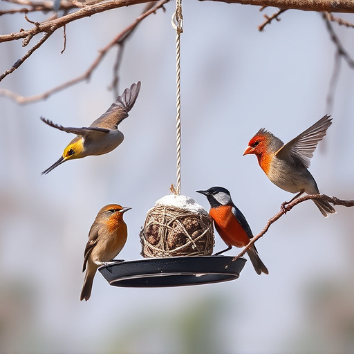 Birds enjoying suet balls outdoors