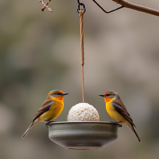 Birds enjoying suet balls outdoors