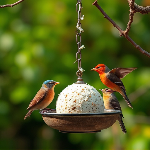 Birds enjoying suet balls outdoors