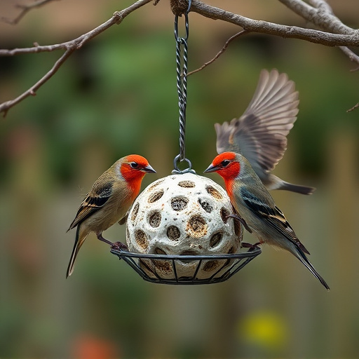 Birds enjoying suet balls outdoors