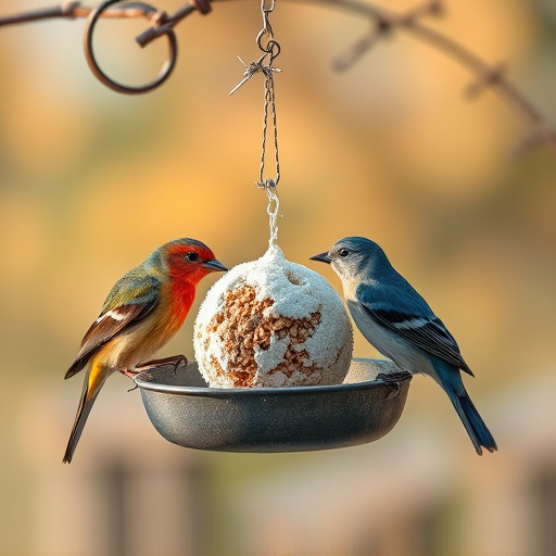 Birds enjoying suet balls outdoors