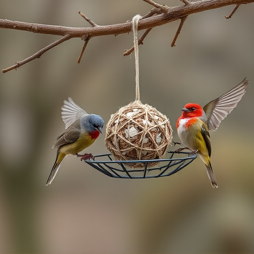 Birds enjoying suet balls outdoors