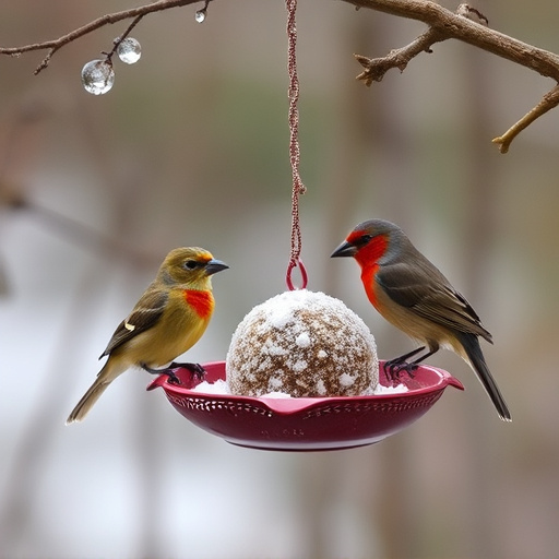 Birds enjoying suet balls outdoors