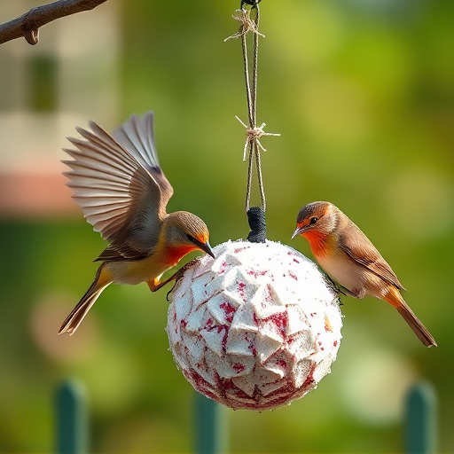Birds enjoying suet balls outdoors