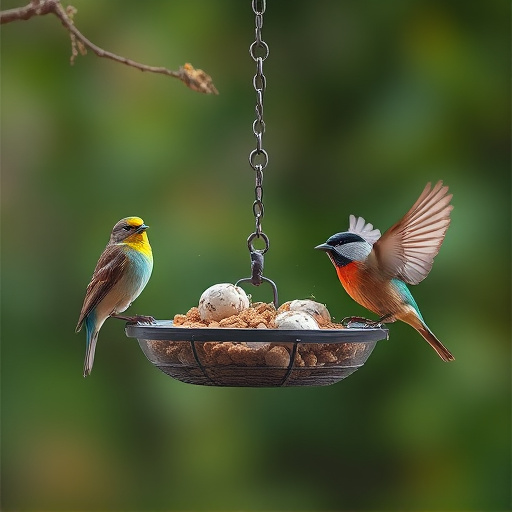 Birds enjoying suet balls outdoors