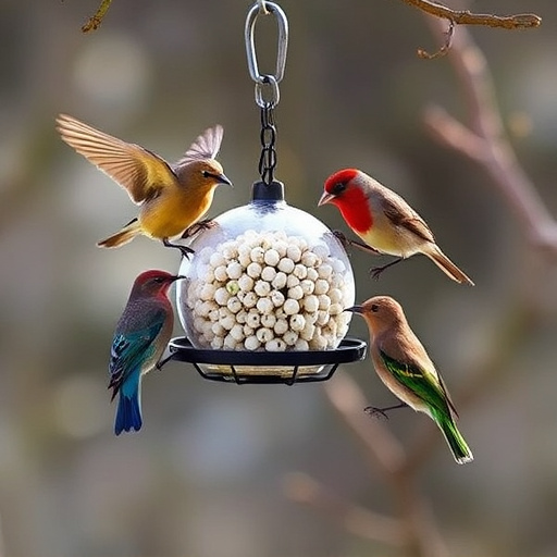 Birds enjoying suet balls outdoors