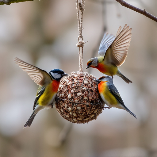 Birds enjoying suet balls outdoors