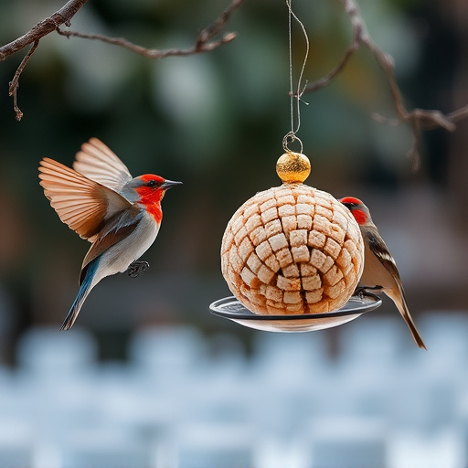 Birds enjoying suet balls outdoors