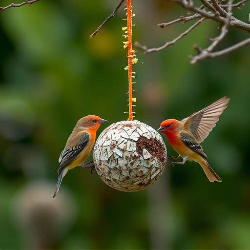 Birds enjoying suet balls outdoors