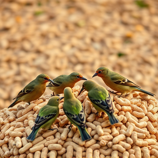 Birds feeding from abundant peanut pile