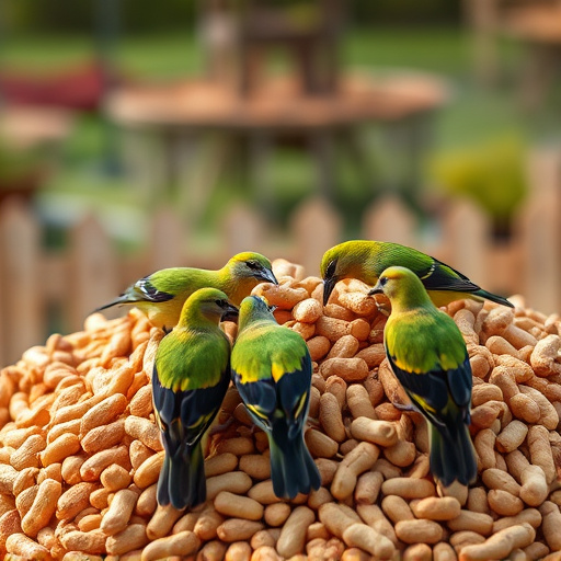 Birds feeding from abundant peanut pile