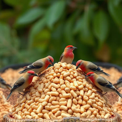 Birds feeding from abundant peanut pile