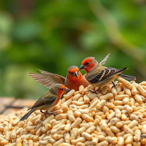 Birds feeding from abundant peanut pile