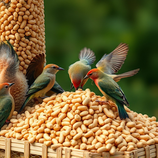Birds feeding from abundant peanut pile