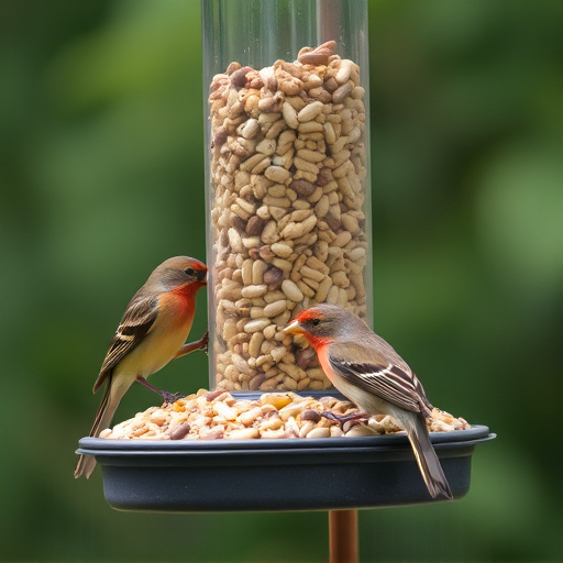 Birds feeding from hanging seed feeder