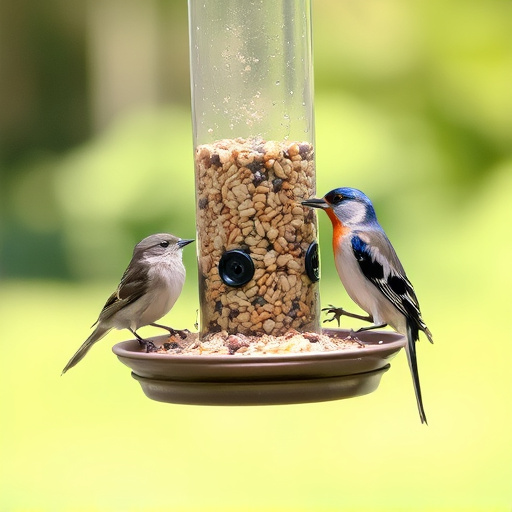 Birds feeding from hanging seed feeder