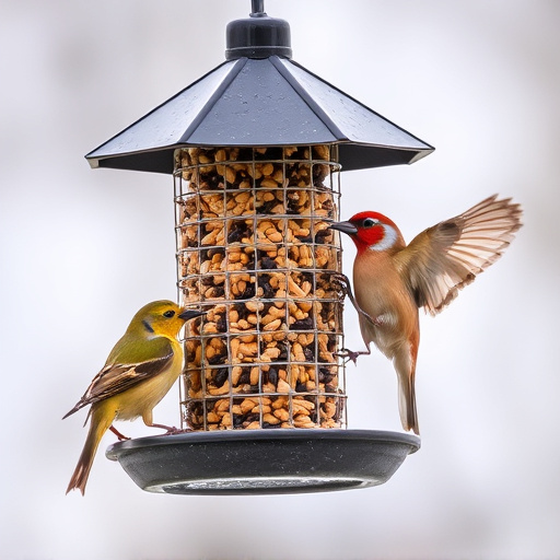 Birds feeding from hanging seed feeder