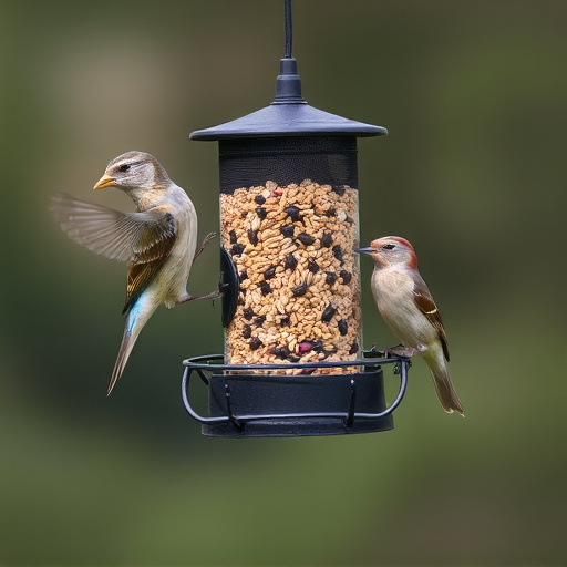 Birds feeding from hanging seed feeder