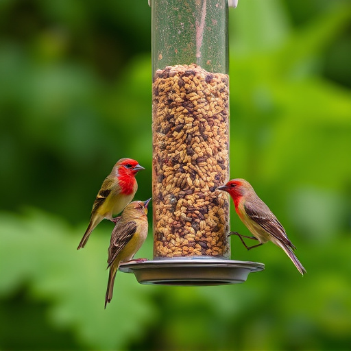 Birds feeding from hanging seed feeder