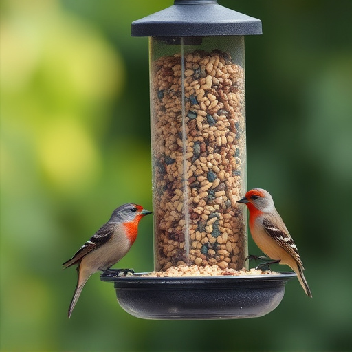Birds feeding from hanging seed feeder
