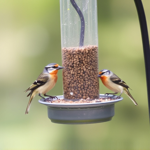 Birds feeding from metal suet dispenser