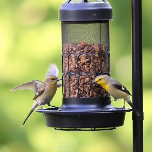 Birds feeding from metal suet dispenser