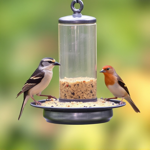 Birds feeding from metal suet dispenser