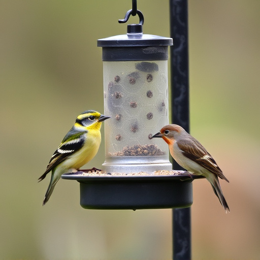 Birds feeding from metal suet dispenser
