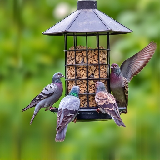 Birds feeding from pigeon-resistant feeder