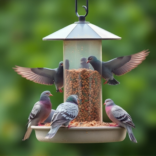 Birds feeding from pigeon-resistant feeder