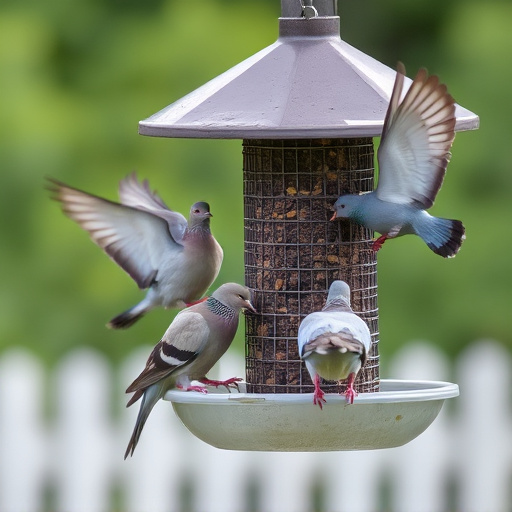 Birds feeding from pigeon-resistant feeder