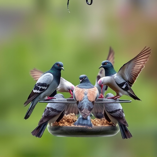 Birds feeding from pigeon-resistant feeder